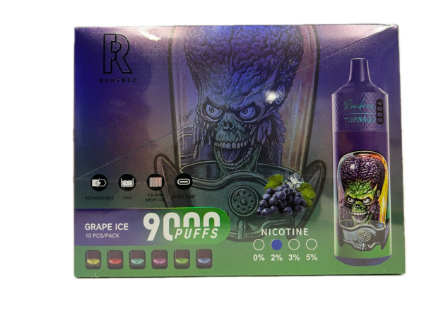 Puff RandM Tornado 9000 Runfree 2% nicotine Grape Ice Pack de 10